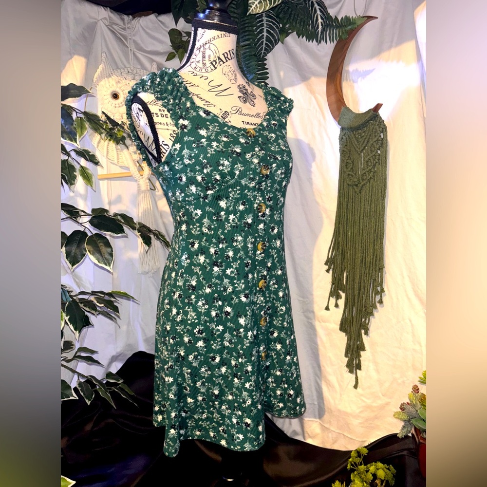 Green floral cottagecore mini dress | ribbed milkmaid dress | fairycore | XS